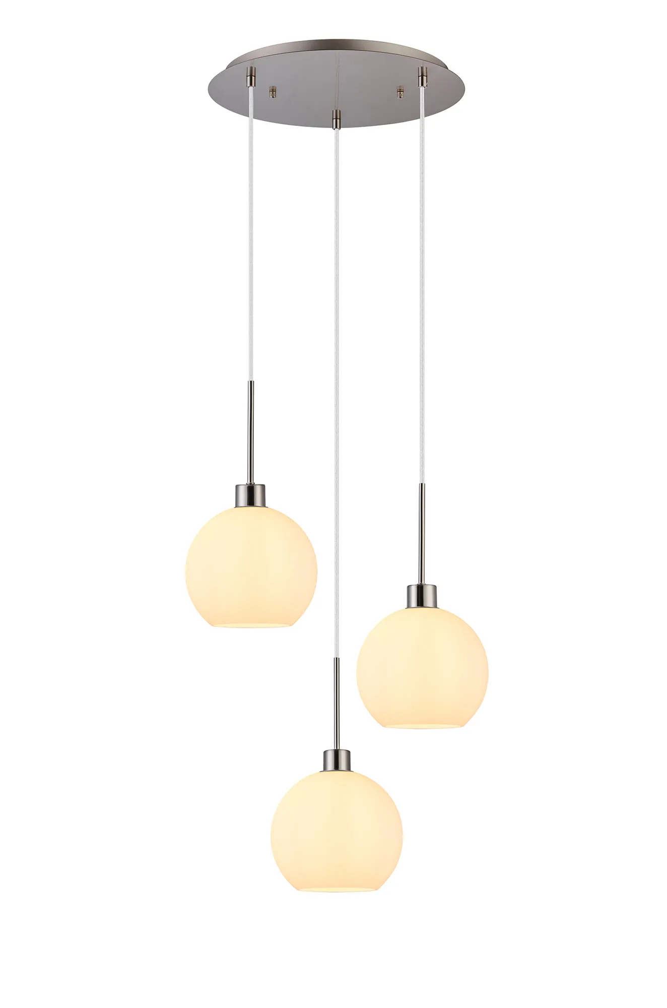 DK1366  Lori cm Round Pendant, 3 Light Adjustable E27, Satin Nickel/Opal Open Mouth Round Globe Shades